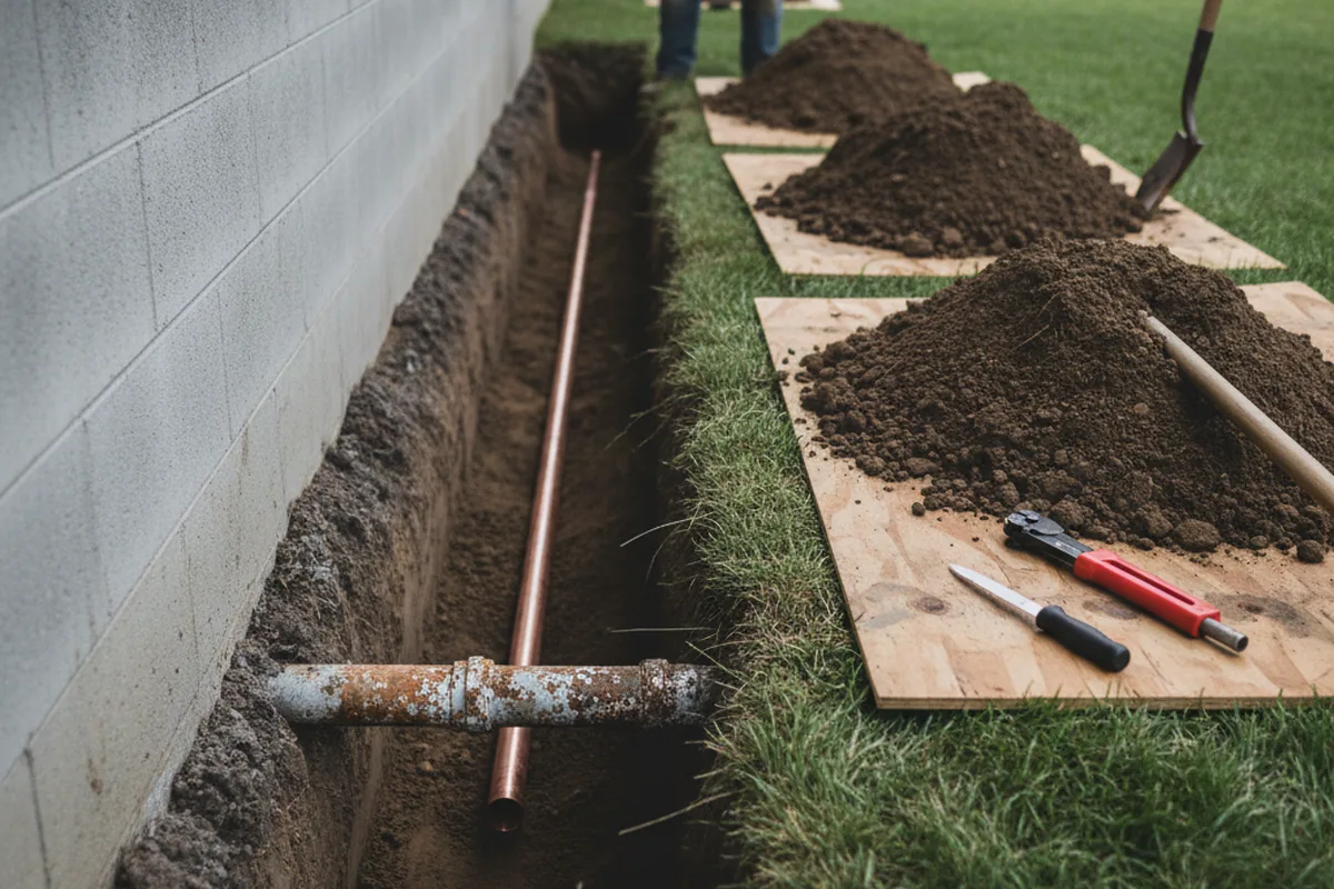 Excavated water line trench during Sewer Line Repair in Potrero